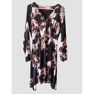 Jennifer Lopez Smocked Waist Floral Mock-Wrap Dress 3/4 Sleeve Black Multi Med